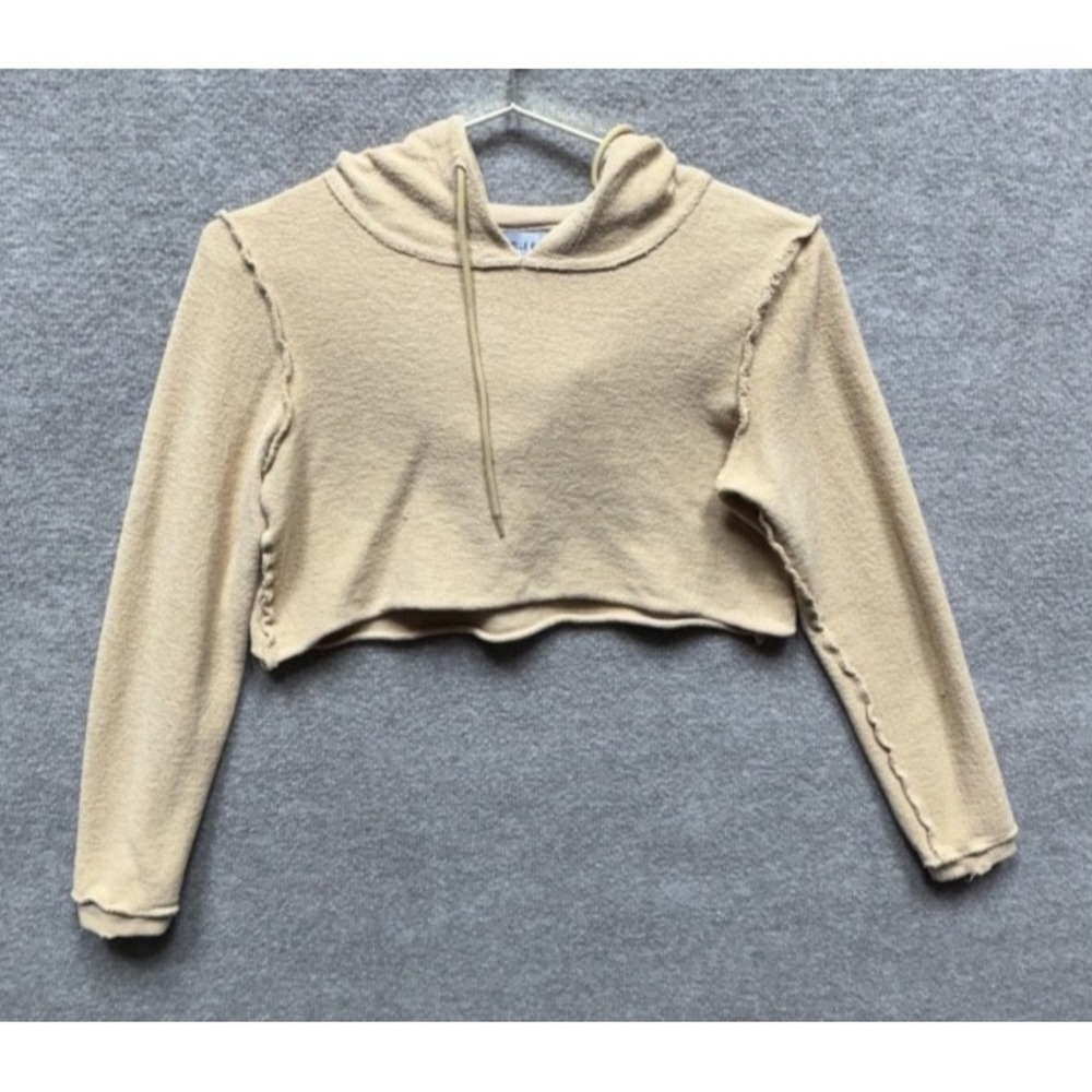 Danielle Guizo Distressed Inside Out Cropped Hoodie Women Small Tan Crop Top EUC